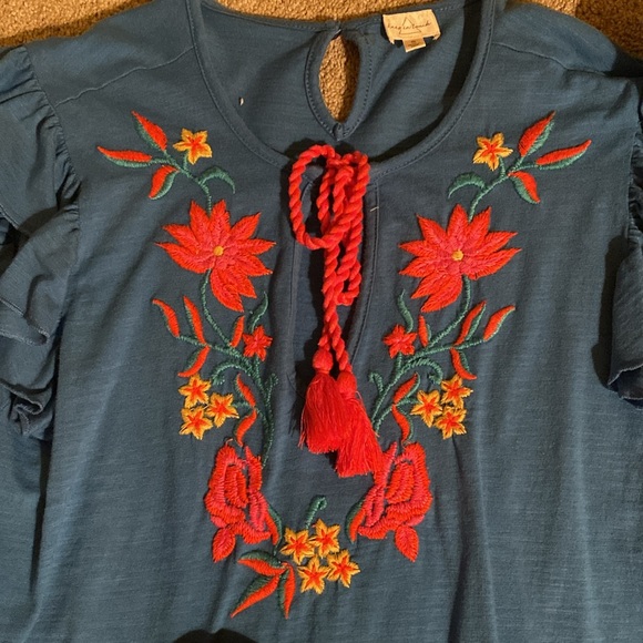 “Keep In Touch” small Ruffle Sleeve turquoise top - Picture 5 of 9